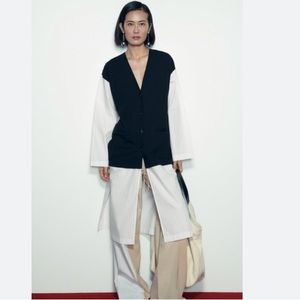 Zara mixed poplin shirt longline button down size small preppy colorblock